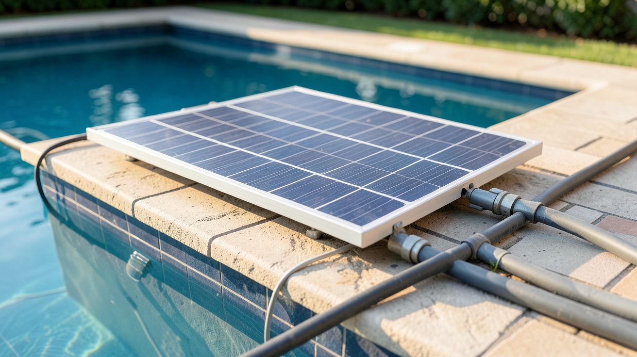 panneau solaire piscine hors sol installé sur une piscine hors sol avec tuyaux visibles
