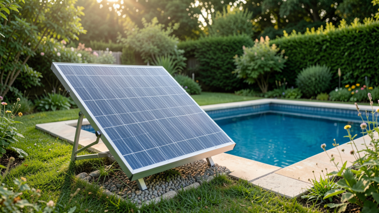 panneau solaire piscine hors sol installé près d'une piscine hors sol sous un ciel bleu