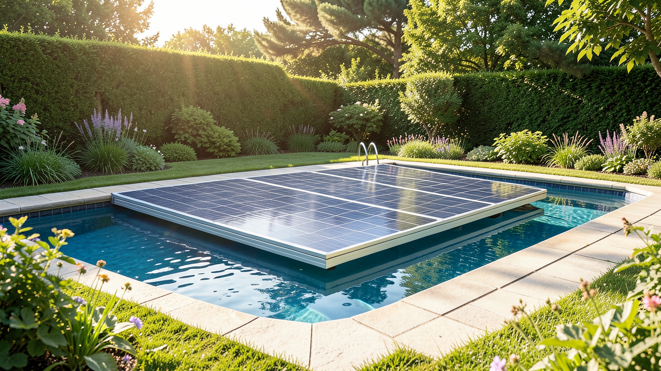 panneau solaire piscine hors sol installé sur une piscine hors sol dans un jardin ensoleillé