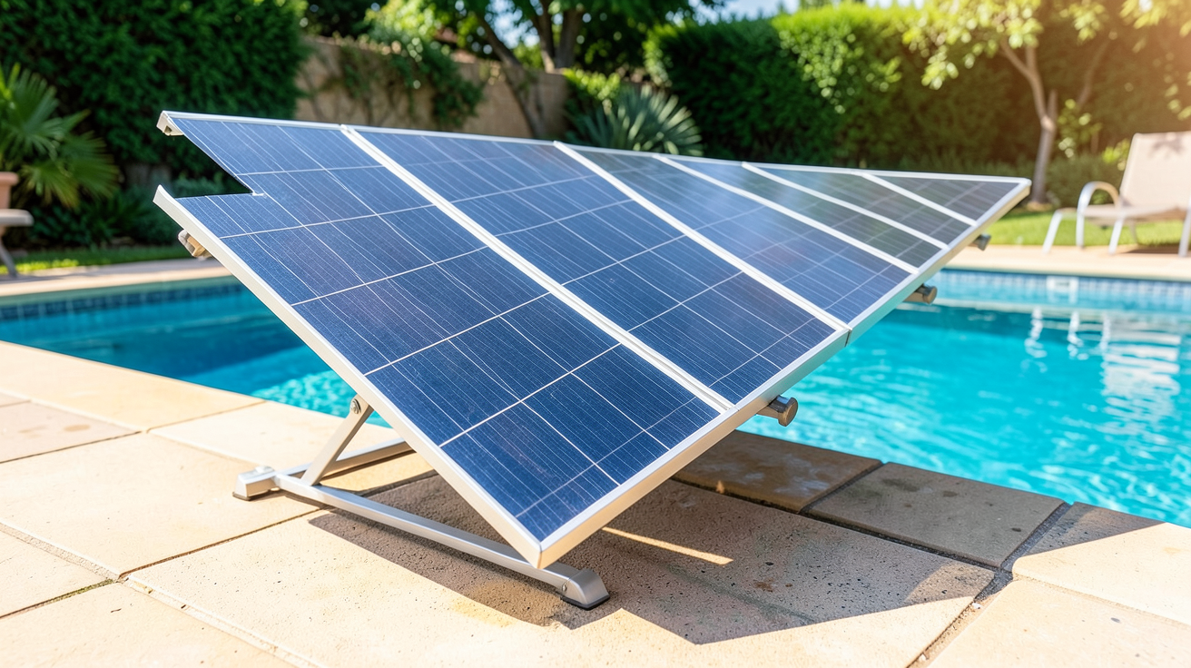 panneau solaire piscine hors sol installé près d'une piscine hors sol sous un ciel clair