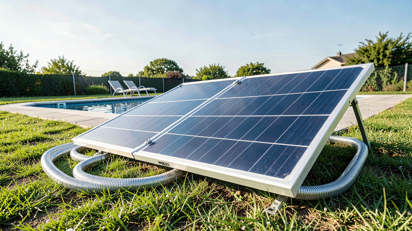 panneau solaire piscine Intex installé près d'une piscine rectangulaire avec raccords et tuyaux flexibles