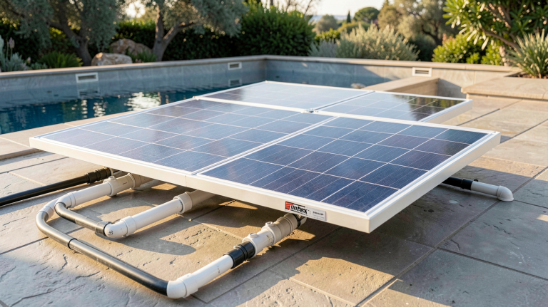 panneau solaire piscine Intex installé sur une terrasse extérieure avec lumière naturelle