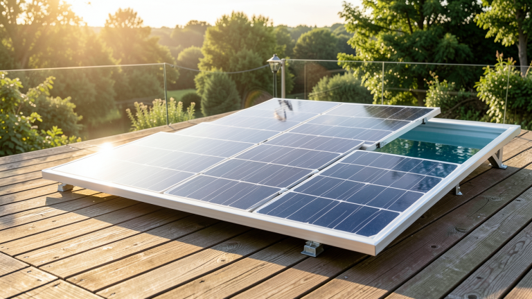 panneau solaire piscine installé sur une terrasse en bois ensoleillée