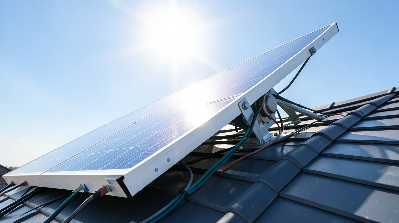 panneau solaire pivotant installé sur un toit incliné, orienté vers le soleil pour maximiser la production d'énergie