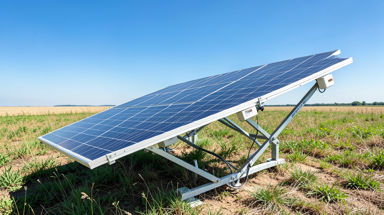 panneau solaire pivotant (tracker solaire) installé dans un champ ensoleillé, illustrant un système de suivi solaire