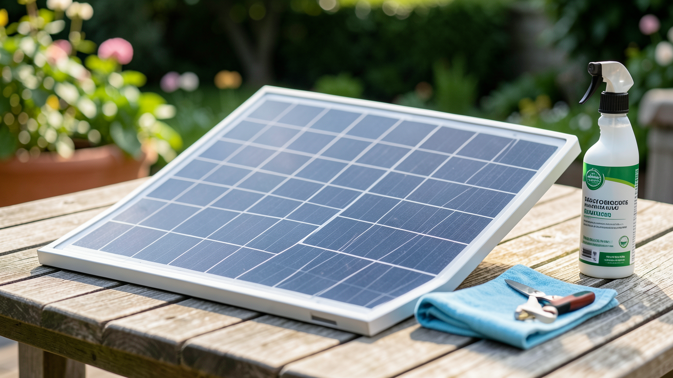 panneau solaire pliable 100W partiellement déplié avec outils d'entretien sur une table en bois extérieur
