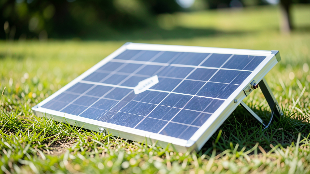 panneau solaire pliable 100W déployé sur un sol herbeux en pleine lumière du jour