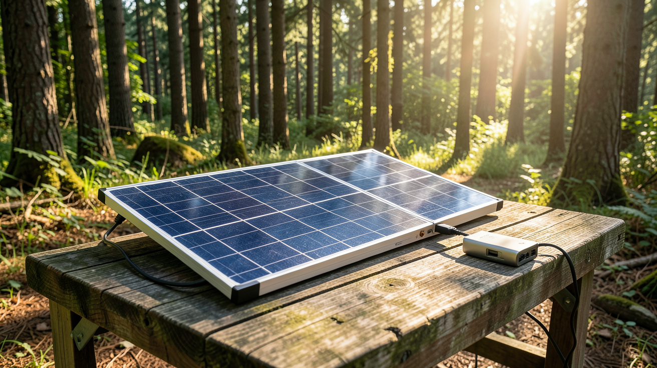 panneau solaire pliable 150w installé en extérieur pour charger des équipements en camping