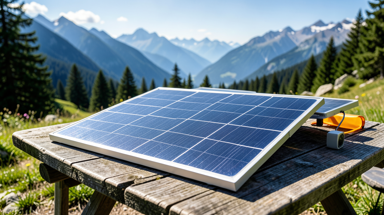 panneau solaire pliable 150w installé sur une table de camping en plein air
