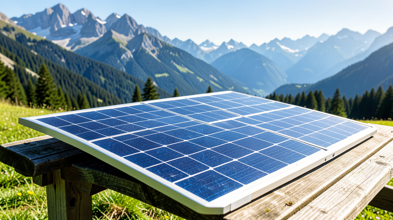 panneau solaire pliable 150w déployé sur une table en extérieur lors d'une excursion de camping.