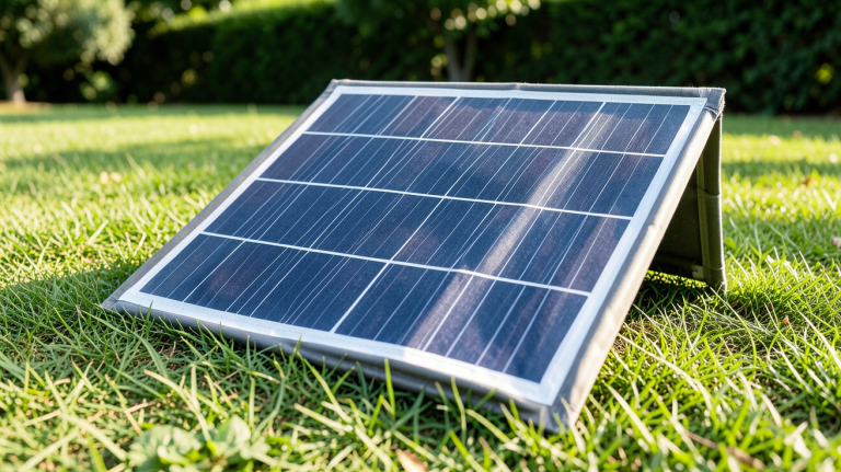 panneau solaire pliable 150w posé sur une pelouse en plein air