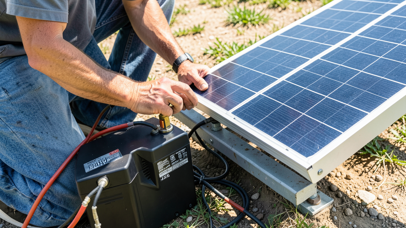 panneau solaire pliable 200w en cours de branchement à une batterie, câbles visibles, éclairage naturel et détails nets