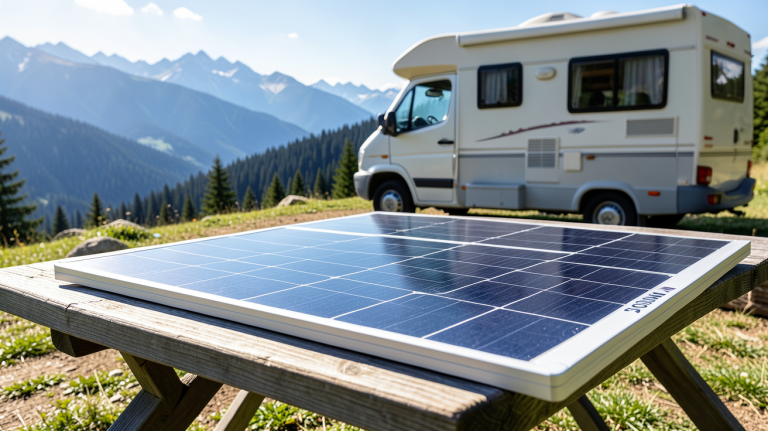 panneau solaire pliable 200w installé sur une table de camping en plein air