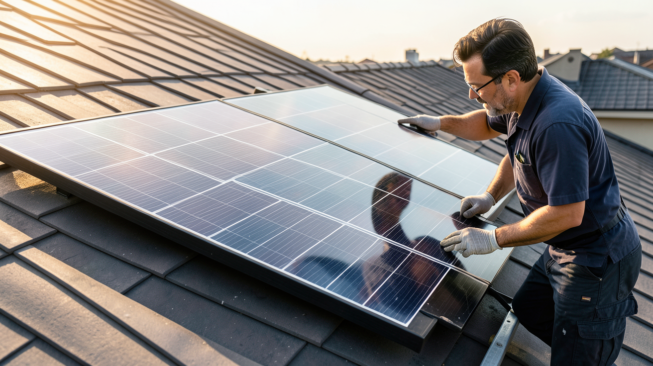panneau solaire pliable 200w installé sur un toit en pente, technicien réglant l'orientation pour une performance maximale