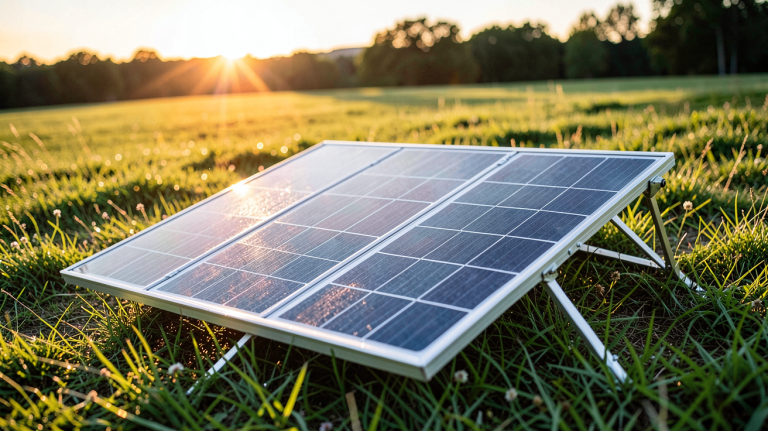 panneau solaire pliable 300w déployé sur une pelouse en pleine nature