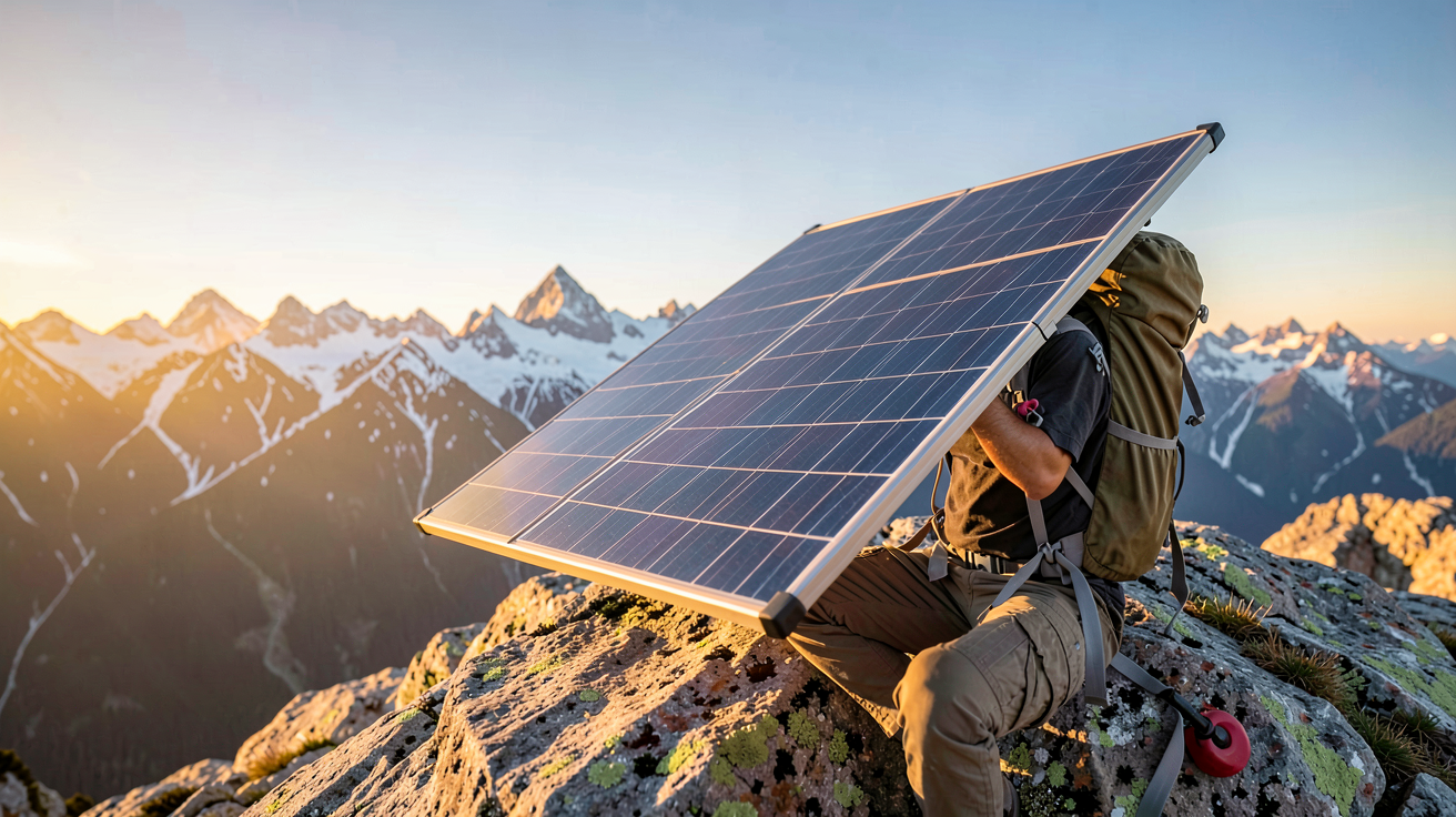 panneau solaire pliable 300W déployé sur un sac à dos de randonnée en montagne au coucher de soleil
