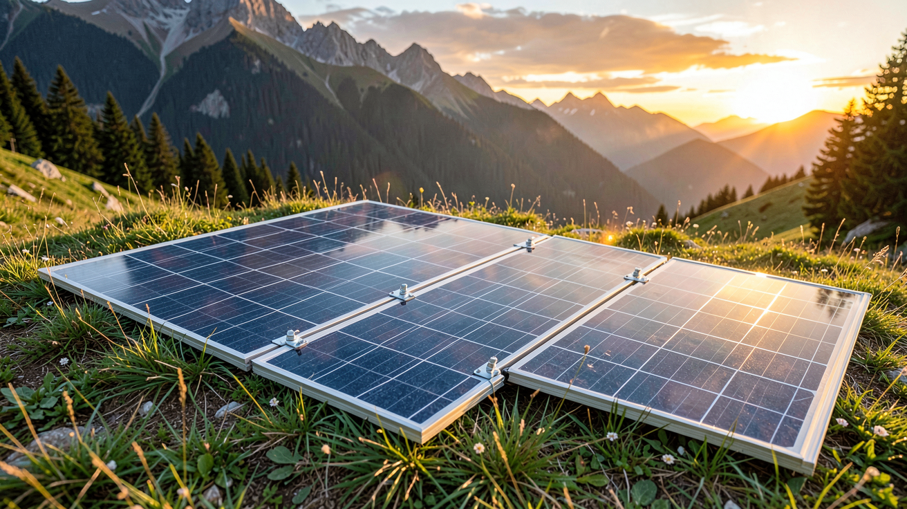 panneau solaire pliable 300W déployé en montagne pour une utilisation en camping
