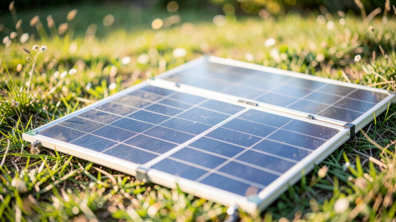 panneau solaire pliable 300W déployé sur un sol herbeux en plein jour avec lumière naturelle