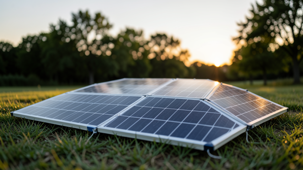 panneau solaire pliable 400w déployé sur une pelouse en pleine nature