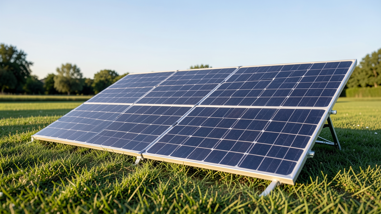 panneau solaire pliable 400W déployé en extérieur sur une pelouse sous un ciel dégagé