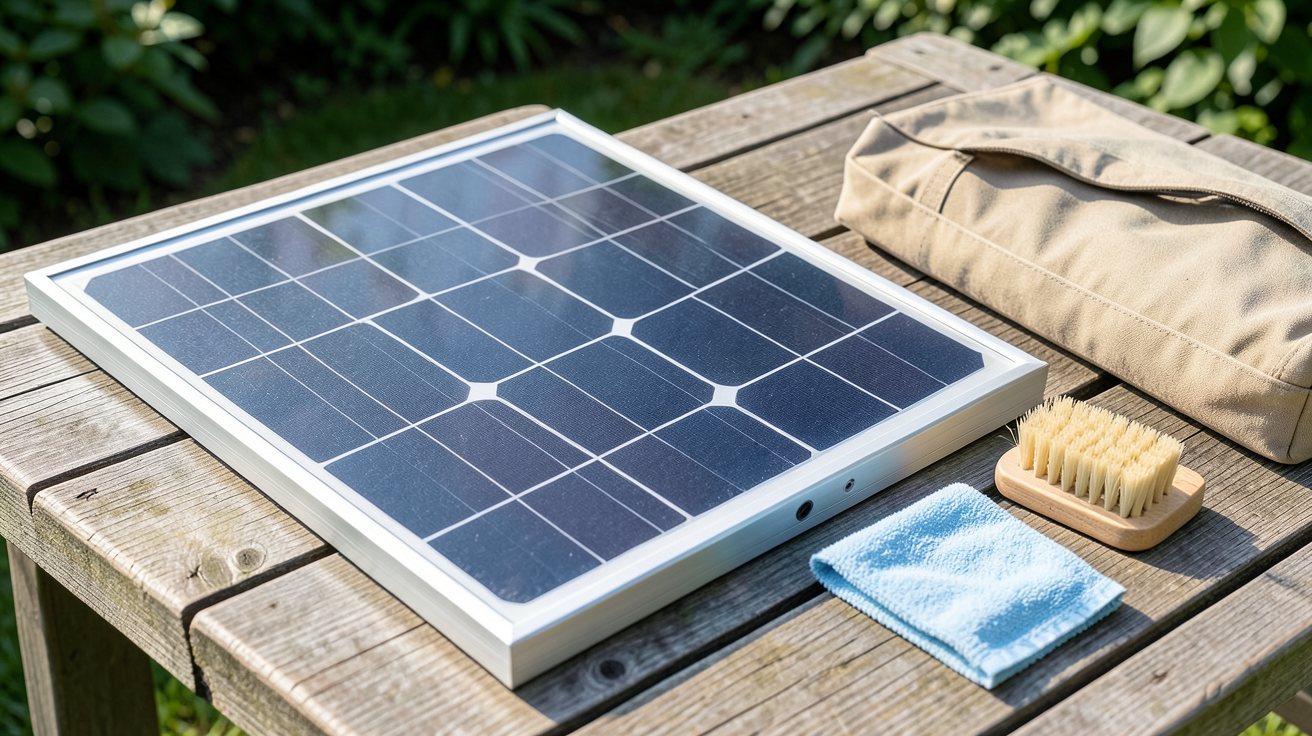 panneau solaire pliable 400W ouvert sur une table en bois avec outils d'entretien et étui de protection
