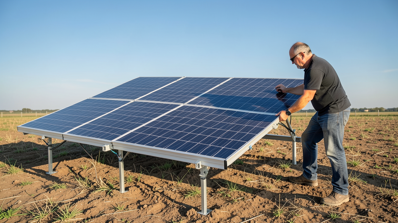 panneau solaire pliable 400W en cours d'installation sur un terrain dégagé avec une personne en train de le déployer