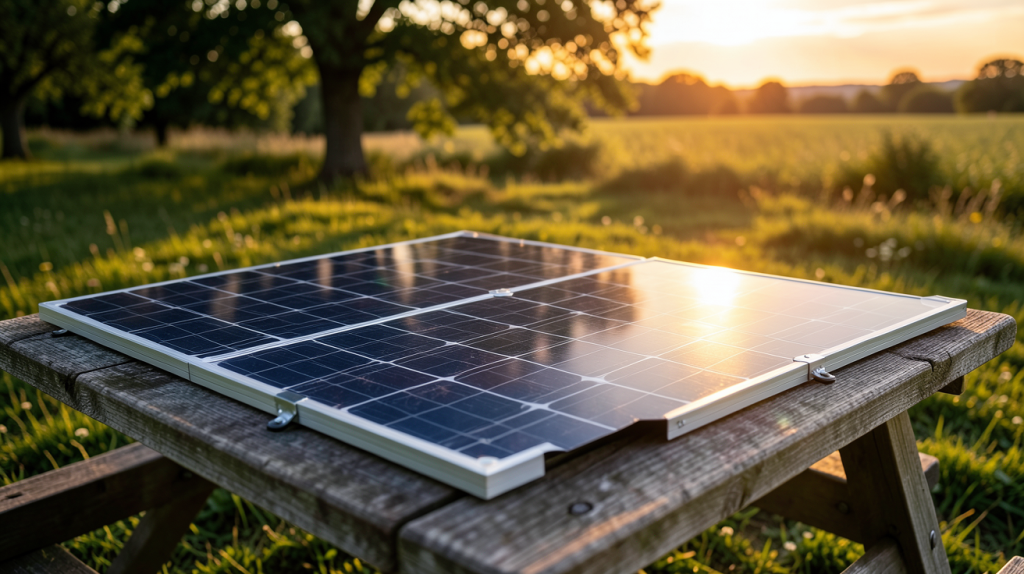 panneau solaire pliable déployé sur une table de pique-nique en pleine nature