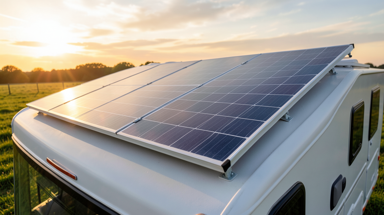 panneau solaire pliable installé sur le toit d'un camping-car pour le voyage