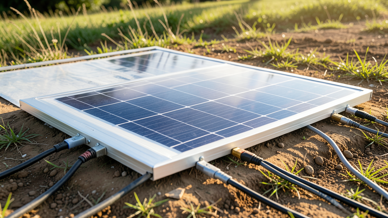 panneau solaire pliable en cours d'installation sur une surface plane en extérieur
