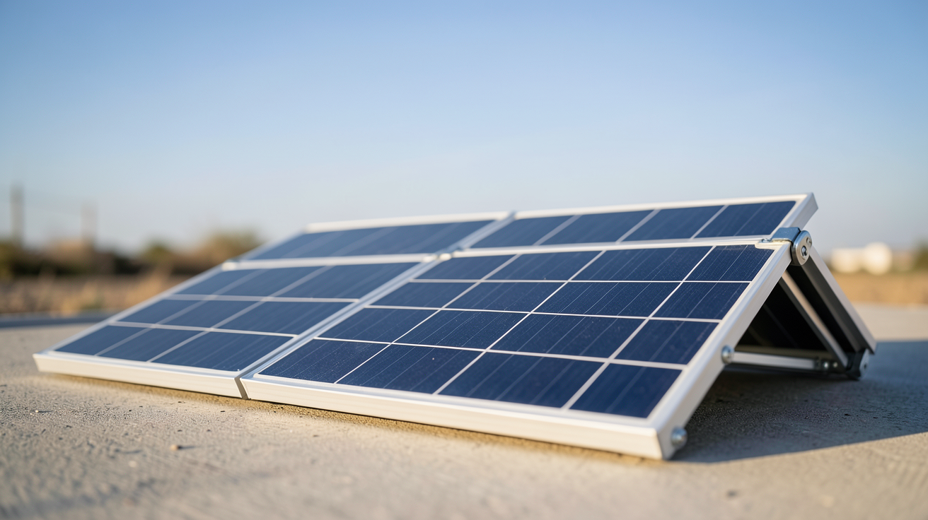 panneau solaire pliable déployé sur une surface plane en extérieur avec des cellules photovoltaïques visibles