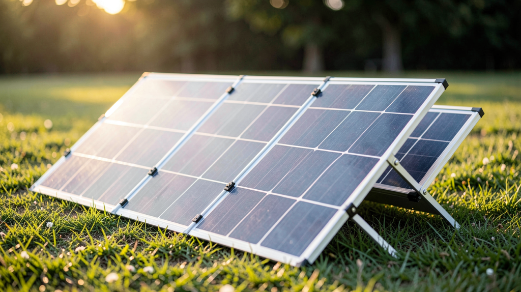 panneau solaire pliant déployé sur une pelouse en plein air lors d'un coucher de soleil