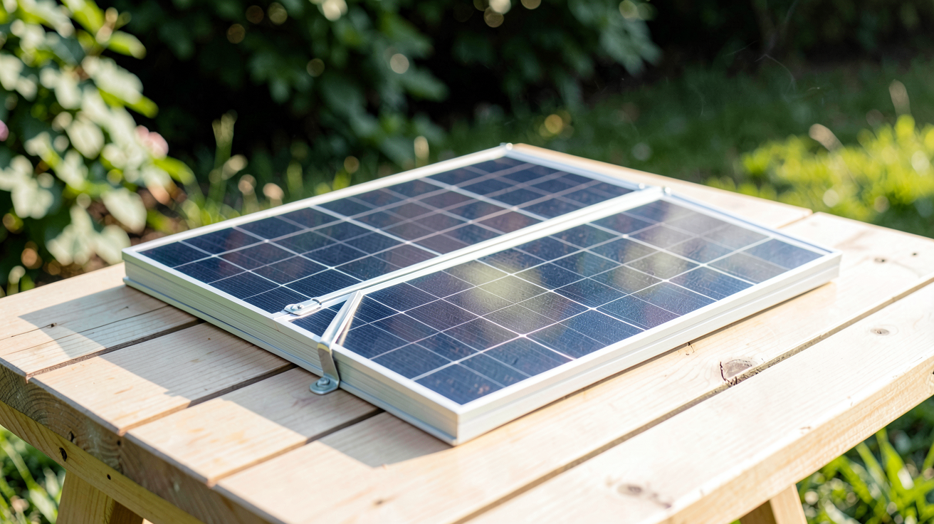 panneau solaire pliant posé sur une table en bois clair en extérieur