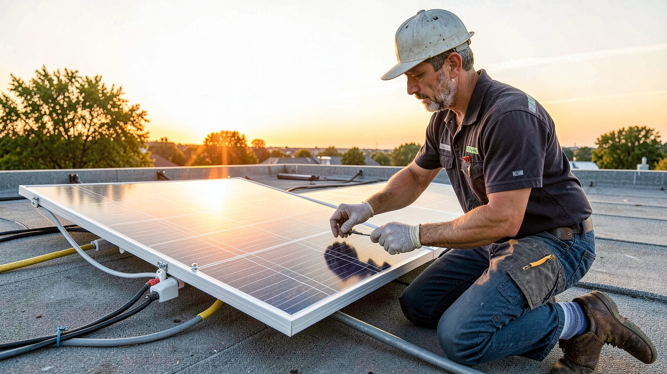 panneau solaire pliant en cours d'installation sur un toit plat avec une personne ajustant les fixations