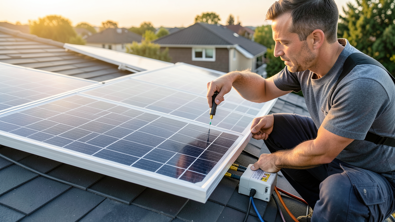 panneau solaire plug and play 1000w en cours d'installation avec branchement des câbles par un technicien