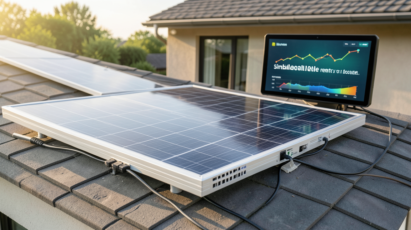 panneau solaire plug and play 1000W installé sur un toit avec simulateur de rentabilité numérique en arrière-plan