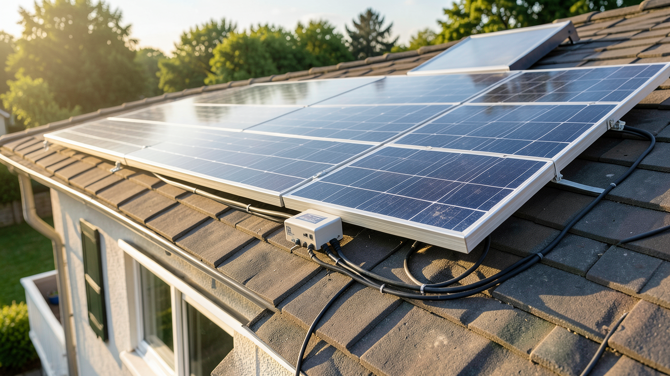 panneau solaire plug and play 3000w installé sur le toit d'une maison individuelle avec micro-onduleur