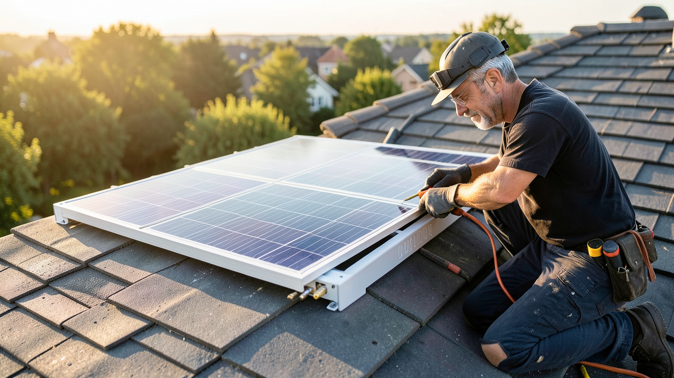 panneau solaire plug and play 400w en cours d'installation sur un toit résidentiel par un professionnel