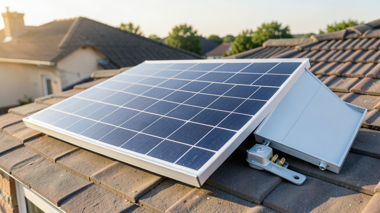 panneau solaire plug and play 600w avec guide d'installation ouvert sur un toit résidentiel