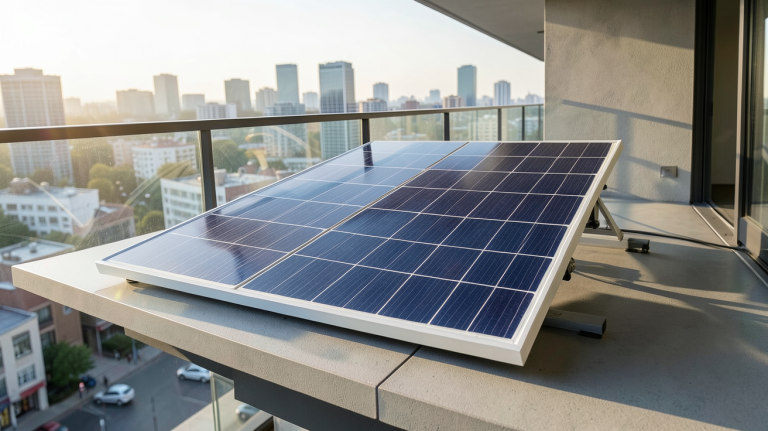 panneau solaire plug and play 600w installé sur un balcon moderne en ville