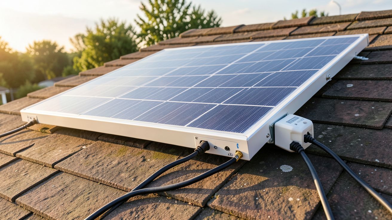 panneau solaire plug and play 600w installé sur un toit de maison avec câbles connectés à une prise électrique