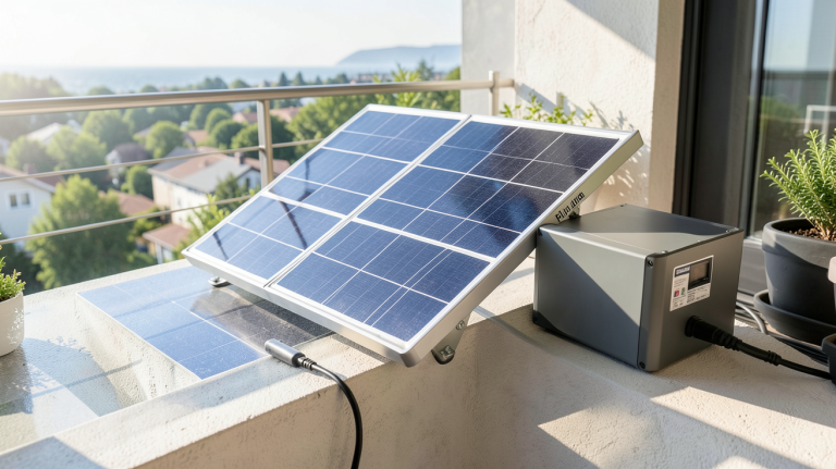 panneau solaire plug and play avec batterie installé sur un balcon pour l'autoconsommation