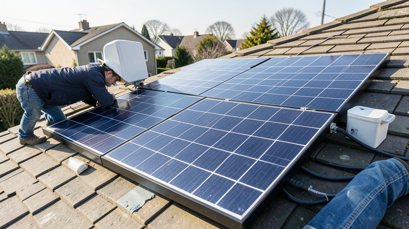 panneau solaire plug and play avec batterie installé sur un toit, prêt à être raccordé