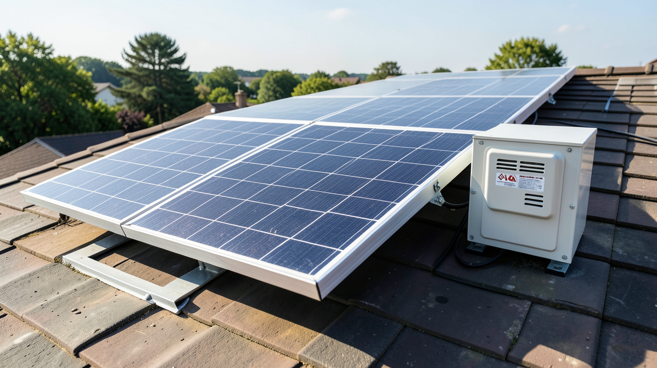 panneau solaire plug and play avec batterie installé sur un toit, affichant clairement les panneaux, le boîtier de connexion et la batterie, photo nette et détaillée pour le web.