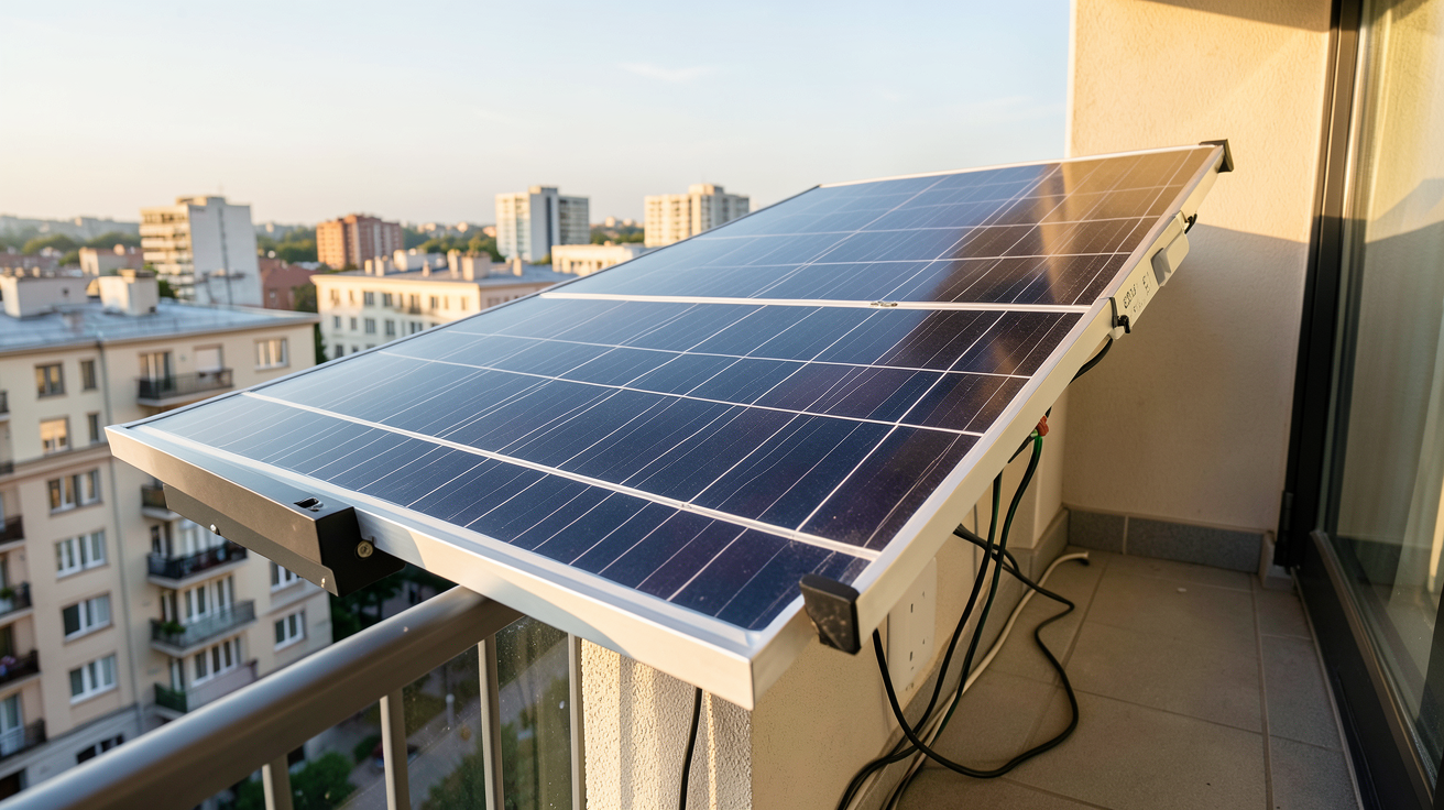 panneau solaire plug and play installé sur un balcon d'appartement en ville pour les étapes d'installation