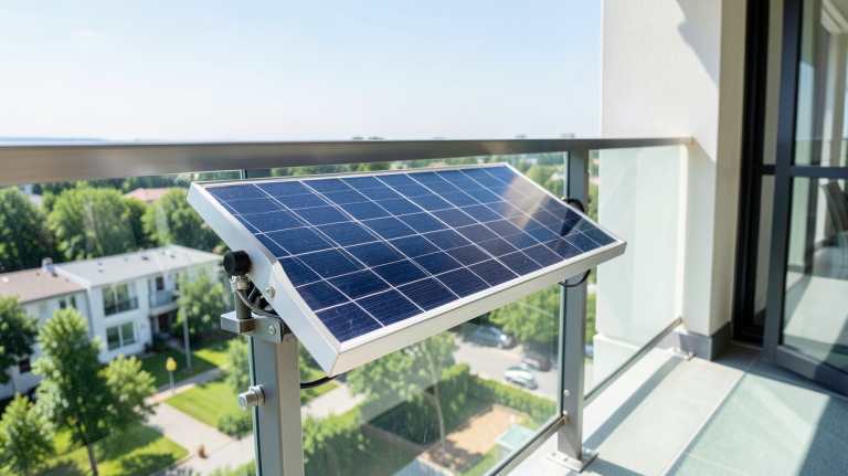 panneau solaire plug and play installé sur le balcon d'une habitation moderne