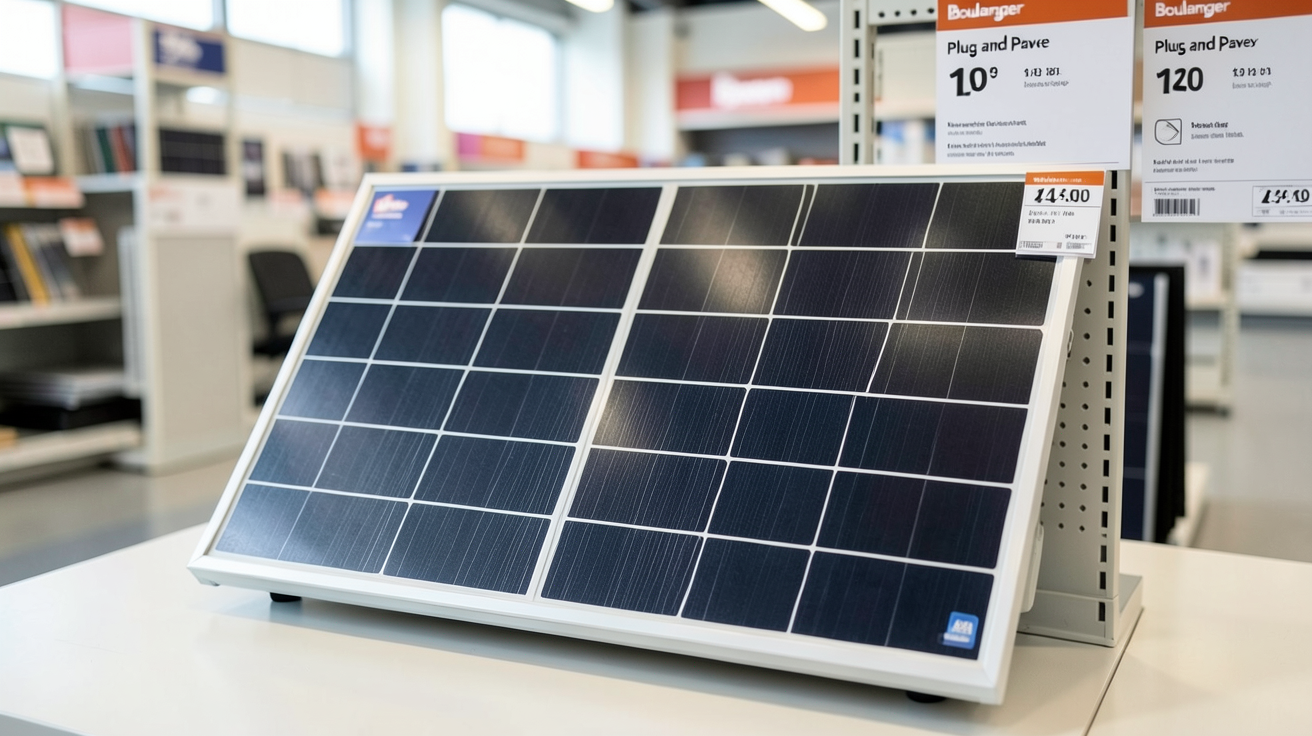 panneau solaire plug and play exposé en magasin chez Boulanger avec étiquettes de prix et caractéristiques techniques