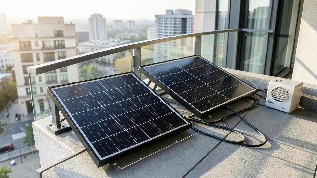 panneau solaire Plug and Play installé sur un balcon urbain moderne avec deux modules monocristallins noirs