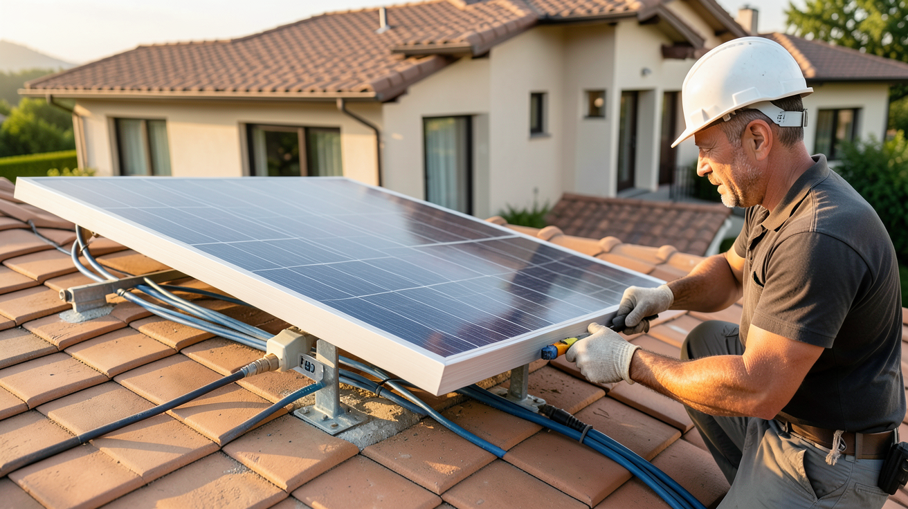 panneau solaire plug and play en cours d'installation sur un toit résidentiel par un professionnel
