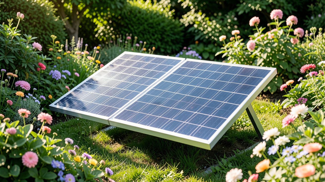 panneau solaire plug and play installé dans un jardin ensoleillé avec des plantes vertes en arrière-plan