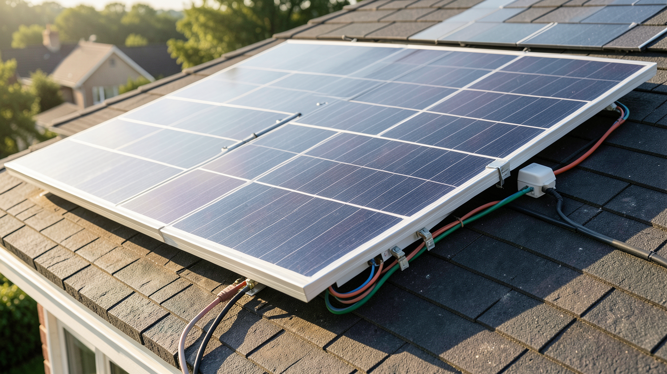 panneau solaire Plug and Play installé sur le toit d'une maison avec un kit complet visible